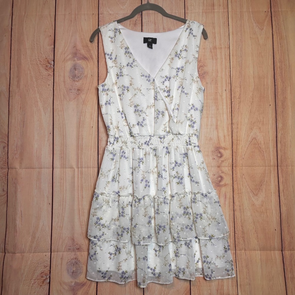 IZ Byer Floral Mini Dress Womens Medium White Purple Tiered Ruffle Cottagecore‎